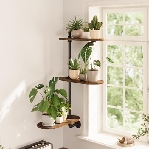 GENTINGBRO Window Plant Shelves 3-Tier Rotating Plant Stand Industrial Window Plant Shelf Wood