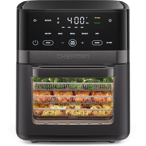 Chefman Air Fryer 6-in-1, XL 14-Quart Multifunctional Airfryer with Touchscreen Controls, Rotisserie, Food Dehydrator, Convection Oven, Bake, Broil, and Reheat Functions, Windowed Door – Black