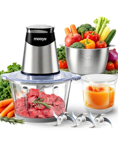 Mooye Food Processor Electric Food Chopper with Meat Grinder & Vegetable Chopper - 3 Bowls(8Cup+8Cup+3Cup) with Powerful Copper Motor - Includes 3 Sets of Bi-Level Blades for Fruits/Meat/Nuts