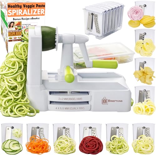 Brieftons 10-Blade Vegetable Spiralizer: Zoodle Maker & Veggie Noodle Maker, Potato String & Curly Fry Cutter, Japanese Steel Blades, Catch Container, Strong Suction Pad, 4 eBooks | Keto, Vegan, Paleo