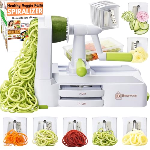 Brieftons 7-Blade Vegetable Spiralizer: Veggie Noodle Maker with Curly Fry & Crinkle Chip Blades, Catch Container, Keep-Fresh Lid, Blade Caddy, 4 eBooks | Low Carb, Vegan, Gluten-Free, Keto, Paleo