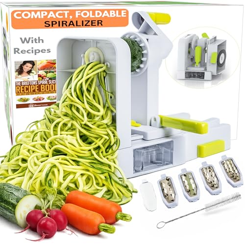 Brieftons QuickFold 5-Blade Spiralizer: Compact Foldable Manual Vegetable Spiralizer & Zucchini Noodle Maker, 5 Japanese Stainless Steel Blades, Spaghetti Maker for Potatoes, Keto Paleo Gluten-Free