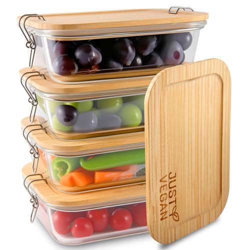 JUST VEGAN Airtight Glass Food Storage Containers with Bamboo Lids, Set of 4 Secure-Seal Containers for Meal Prep, 100% Leakproof, Plastic Free, Oven & Microwave Safe (4 Pack)