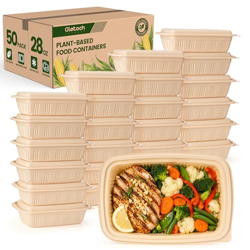 100 Piece (50 Pack) Meal Prep Containers with Lids, 28 oz Cornstarch Food Storage Containers Plant-based Lunch Box for Salad,BPA Free Plastic Take Out Containers Microwave and Freezer Safe