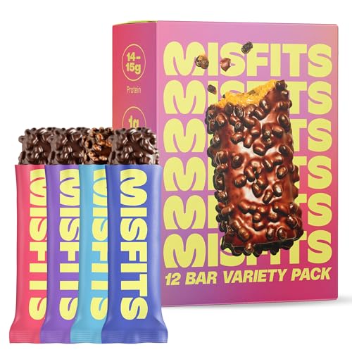 Misfits Protein Bar Variety Pack | Nutrition Bars - 14-15g Protein, 1g Sugar, Plant-based, Low Carb, Non-GMO, Gluten Free Snacks | Vegan Protein Bars | Pack of 12, Multiple Flavors